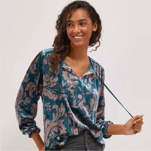 Anthropologie Faustine Plush Velvet Peasant Blouse Pastoral Floral Teal | XS